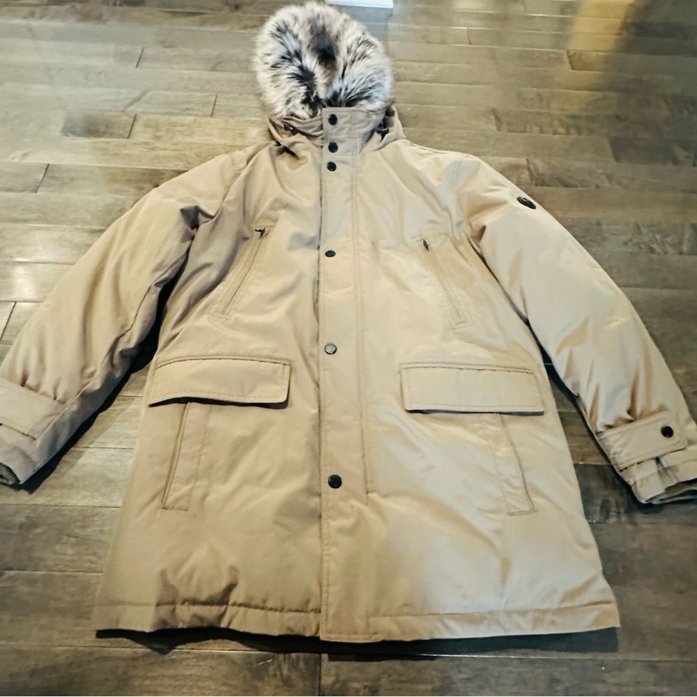 Like New Men’s Sz L Michael Kors Beige Bib Snorkel Faux For Trimmed Parka Coat